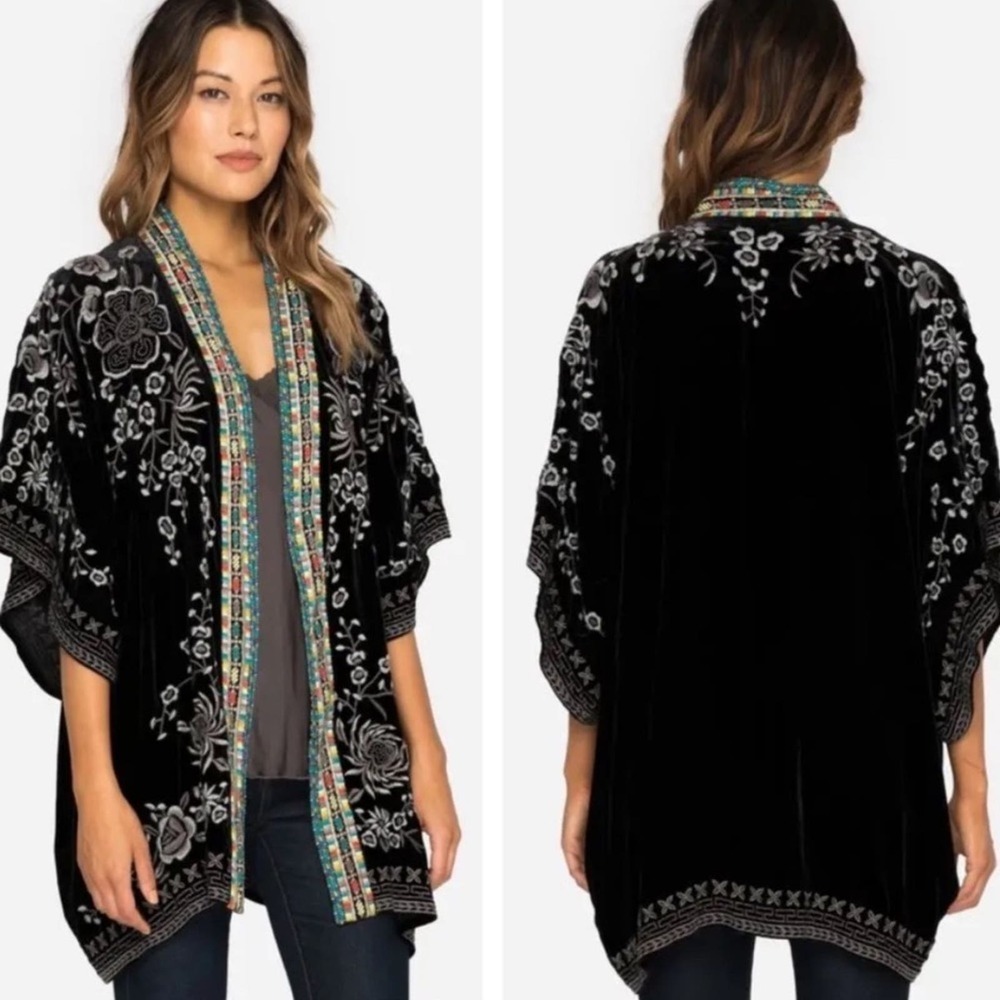 Johnny Was Okinawa Velvet Embroidered Kimono Top Jacket XS